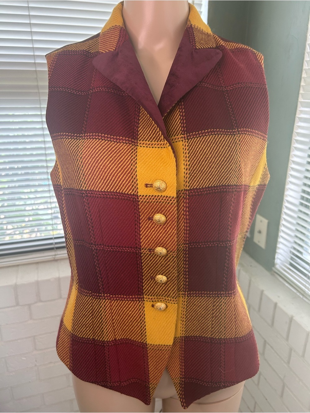 Mondi Classic Wool Burgundy and Mustard Plaid Tailored Vest